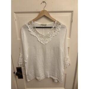 Vanessa Alexandra Women's White‎ Linen Top Lace Detail 3/4 Sleeves NWOT Size M